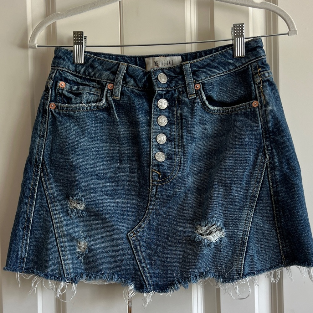 We The Free Blue Distressed A-Line Denim Skirt